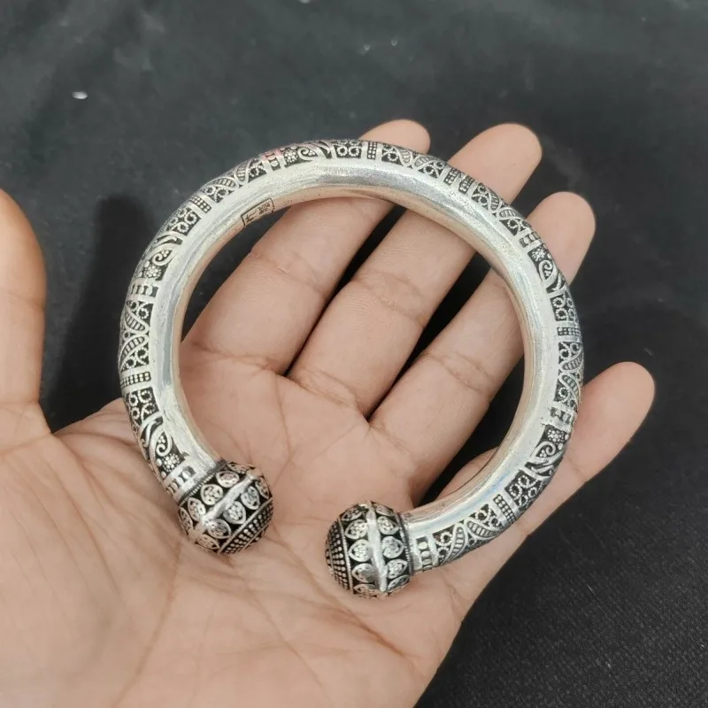 Unisex Retro Tibetan Miao White Copper Bangle Traditional Ethnic Folk Vintage Daily Wrist Ornament