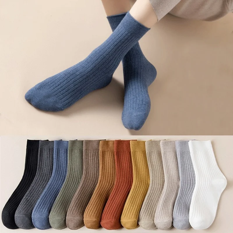 3/5/10 Pairs Women‘s Comfort Socks Ribbed Mid Calf Slouch Fit Solid Color Elastic Casual  All Season Socks EU 35-41 US 5-9