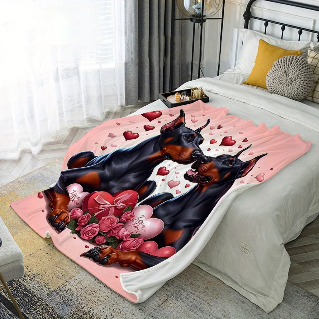 Romantic Dog Blanket Throw Pet Plush Decor Dog Lover Gift Warm Cozy Rottweiler Picture Blanket for Pet Friends