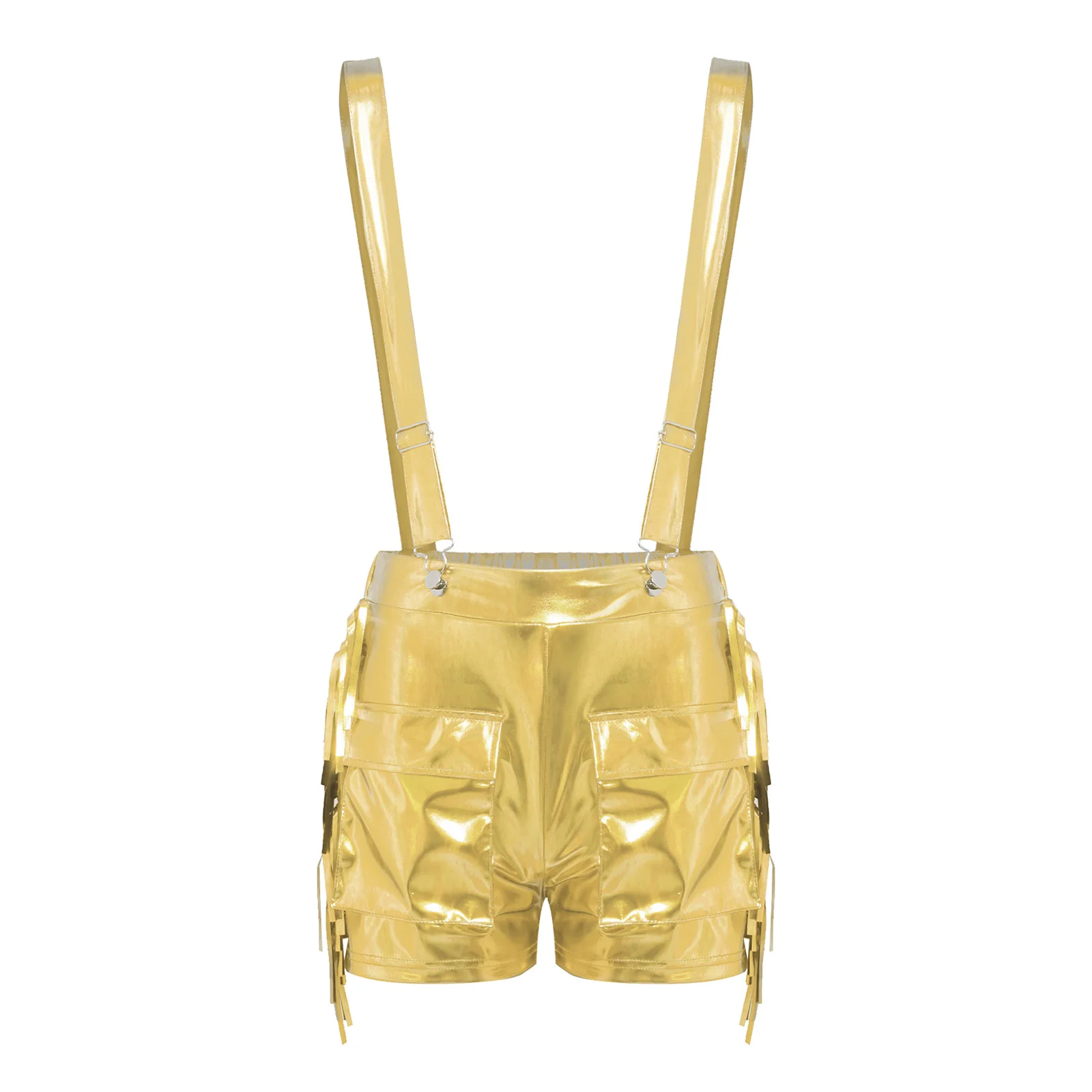 

Adults Women Metallic Suspender Jazz Shorts Adjustable Shoulder Strap Sides Fringed Design Two Pockets Metallic Gloss Shorts