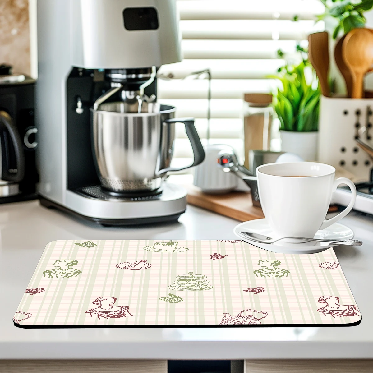 Pastel Floral Stripe Dish Drying Mat Super Absorbent Polyester Pad Non-Slip Quick Dry Mat for Kitchen Countertop Coffee Mats