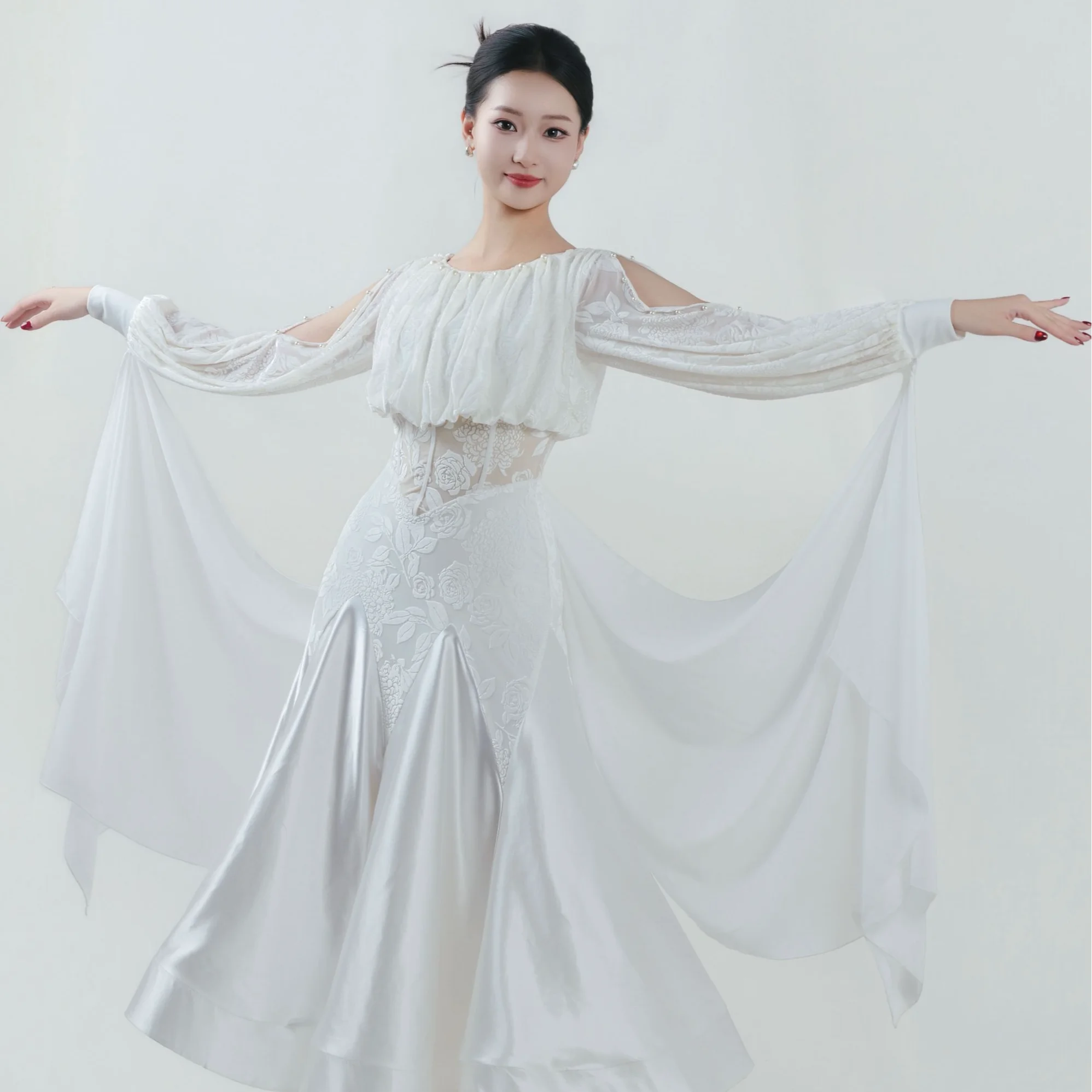 White Ballroom Dance Dress Women Waltz Dance Performance Clothes Long Sleeves Prom Dancewear Adult Latin Practice Dress BL20349