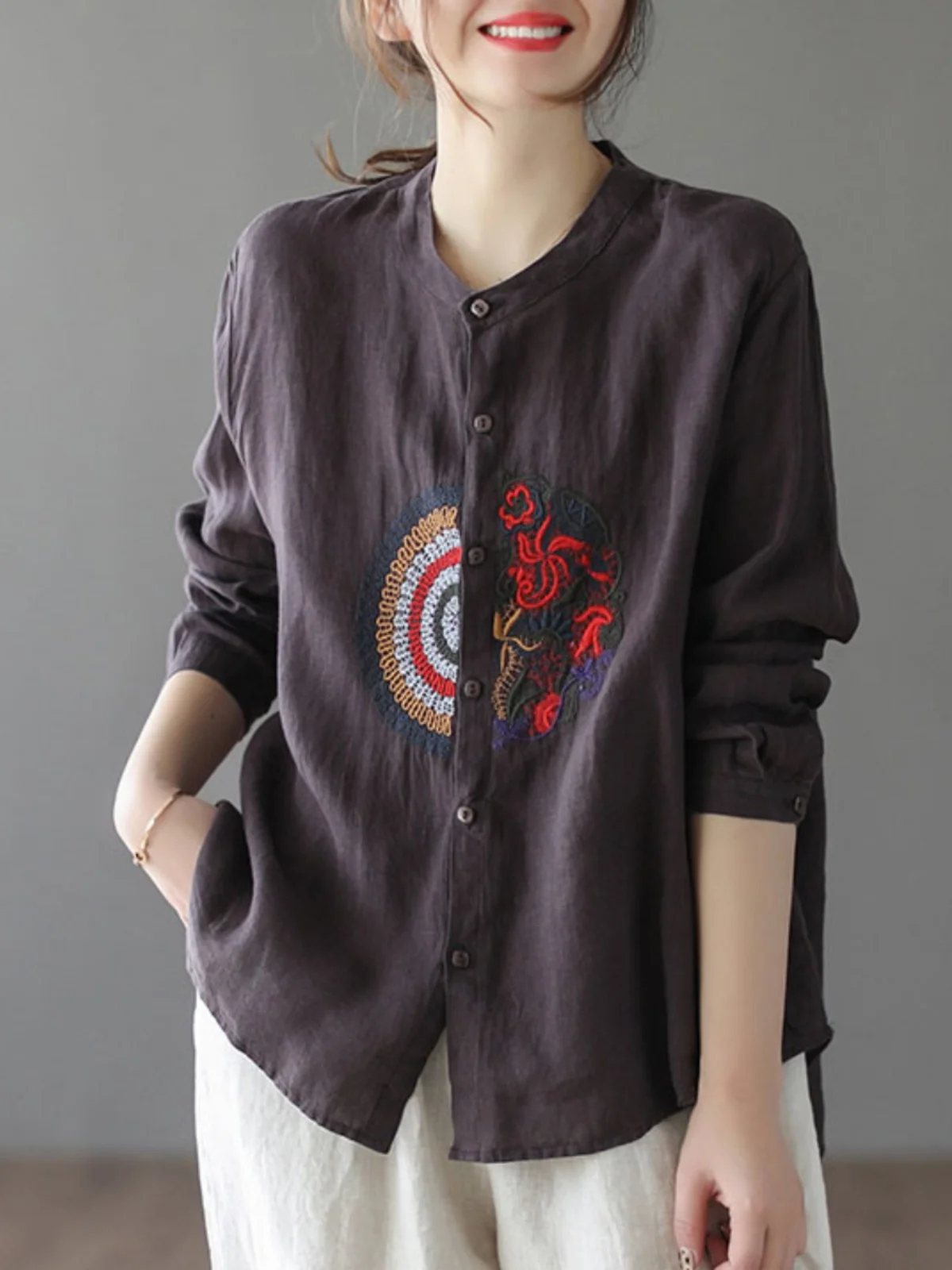 Csa de Manga Larga Bordada de Estilo Étnico Retro, Ropa Casual de Primavera para Mujer, Csa Hoada con Botones de Colo...