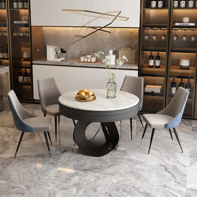 Meja makan mewah bergaya Italia, pelat batu berkualitas tinggi, apartemen kecil dapat diputar dan ditarik, dapat diperbesar