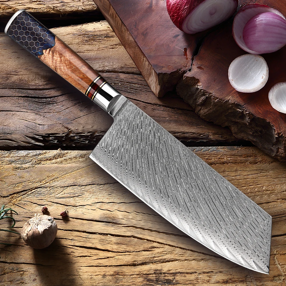 Higher Quality Cleaver Knife 7 Inch Damascus Steel Chinese Kitchen Knife Super Sharp Slicing Knife Honeycomb Blue Resin Handle
