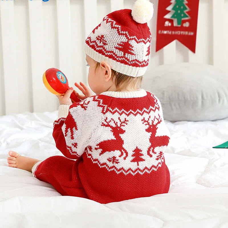 Christmas Knit Elk Romper Warm Baby Clothing Newborn Infant Toddler Boy Girl Long Sleeve Jumpsuit + Hat Fall New Year Outfits