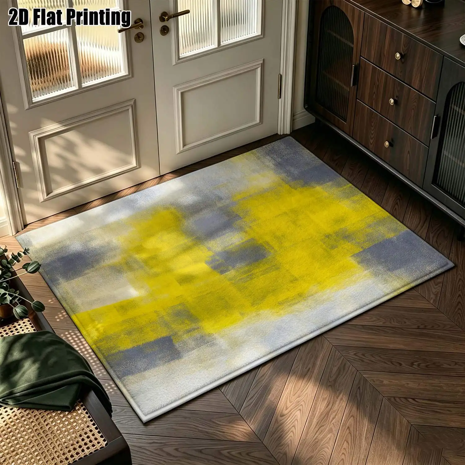 1Pc 2D Printed Carpet: Yellow-Grey Abstract Art Pattern, Nordic/Instagram Style, Machine Washable, Multi-Size, for Home Decoration & Multiple Scenes