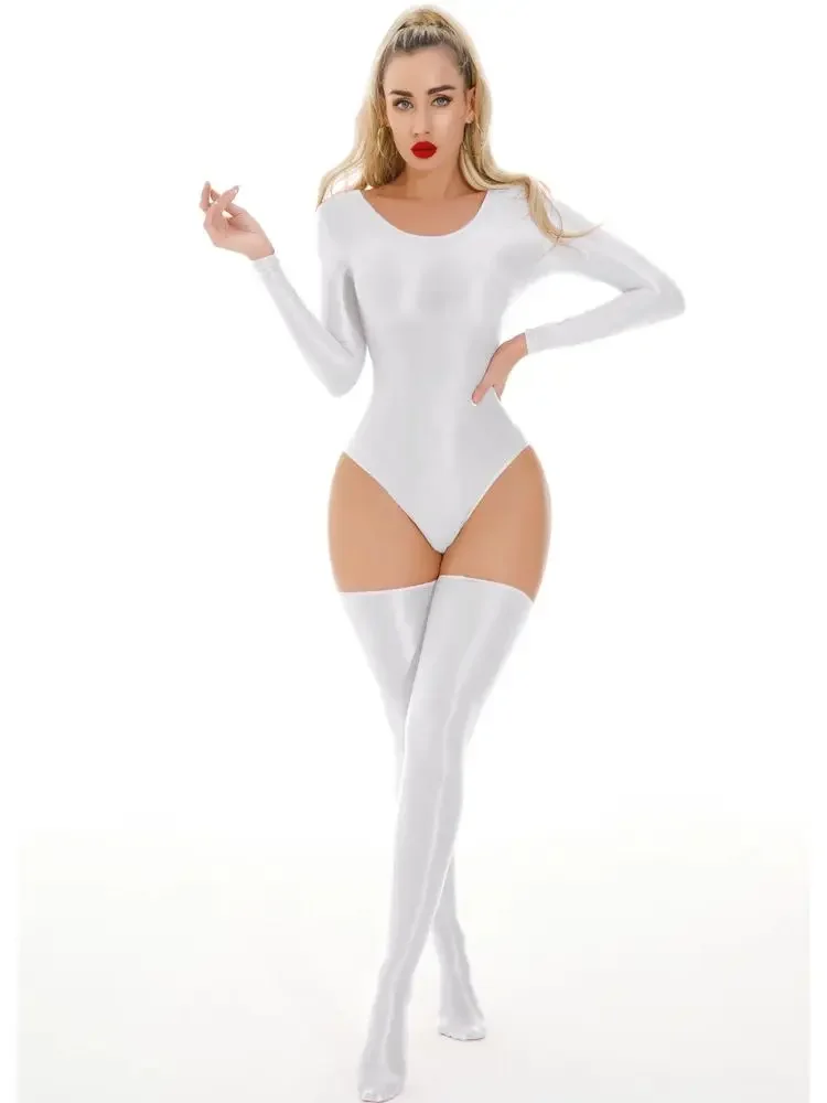 M-XL unissex brilhante manga longa catsuit maiô collants sexy corpo ursinhos elástico fitness bodysuit banho collant unitard