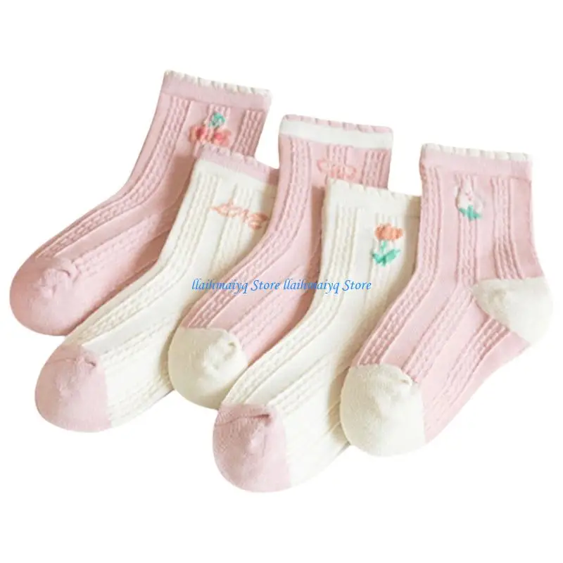 

573B 5 Pairs Cartoon Print Cotton Socks for Kids Girls Sports Tennis Casual Wear