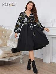 KEBY ZJ Plus Size Elegant Fashion Print Black Party Dresses for Women Casual V Neck Long Big Size Dress 3XL 4XL Femme Clothing