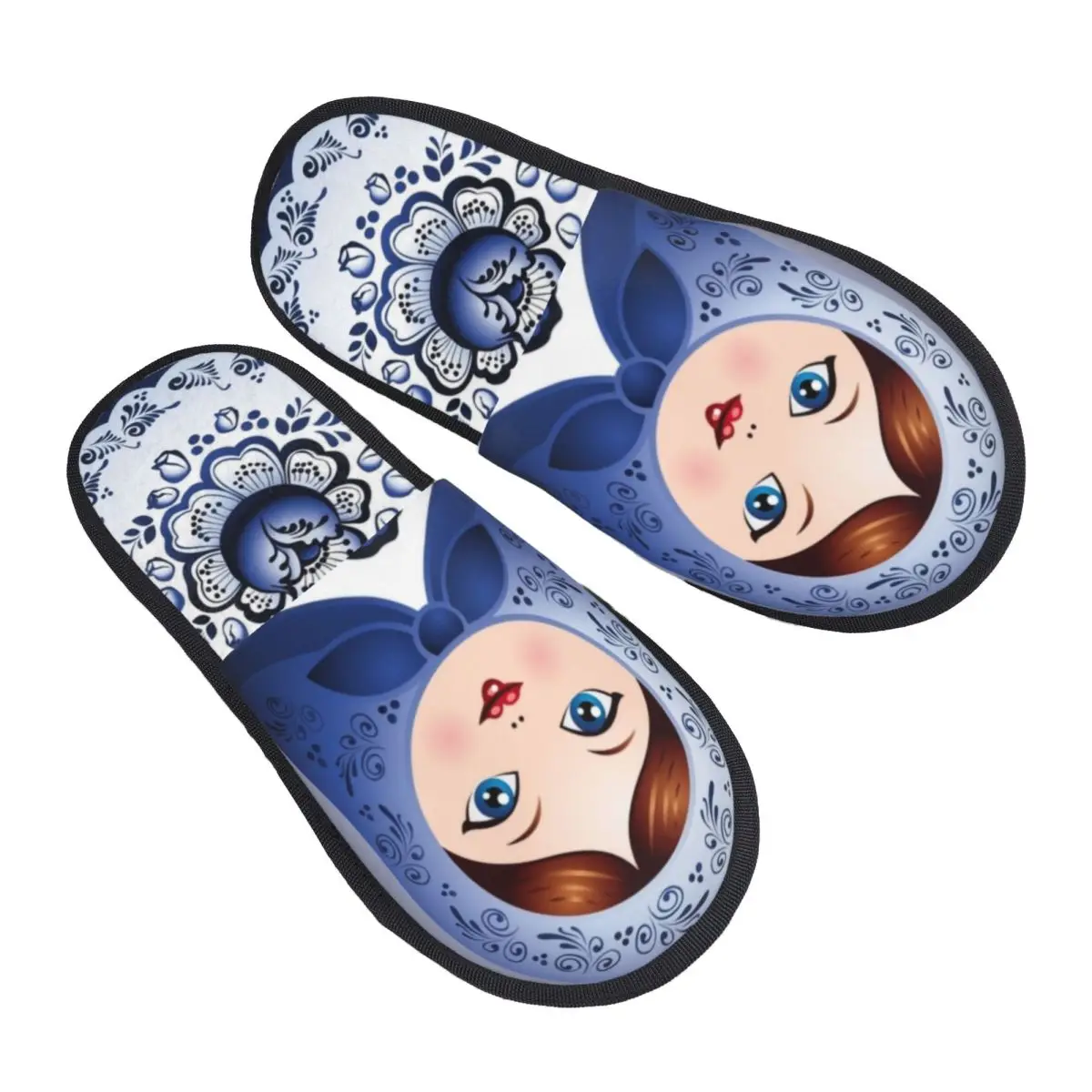 Custom Blue Matryoshka Doll Comfy Scuff With Memory Foam Slippers Women Russian Babushka Folk Art Hotel House Shoes