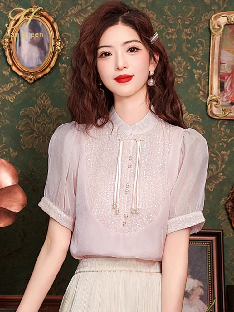 H Han Queen Summer Beaded Sequins Tops Simple Office Lady Chiffon Blouse Short Sleeve Shirt Casual Korean OL Loose Blouses Women