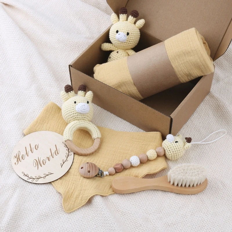 Baby Shower Gift Box Set Pacifier Clip Crochet Toy Rattle Teether Blanket Bib Hairbrush Set Newborn Teething Gift 7Pcs