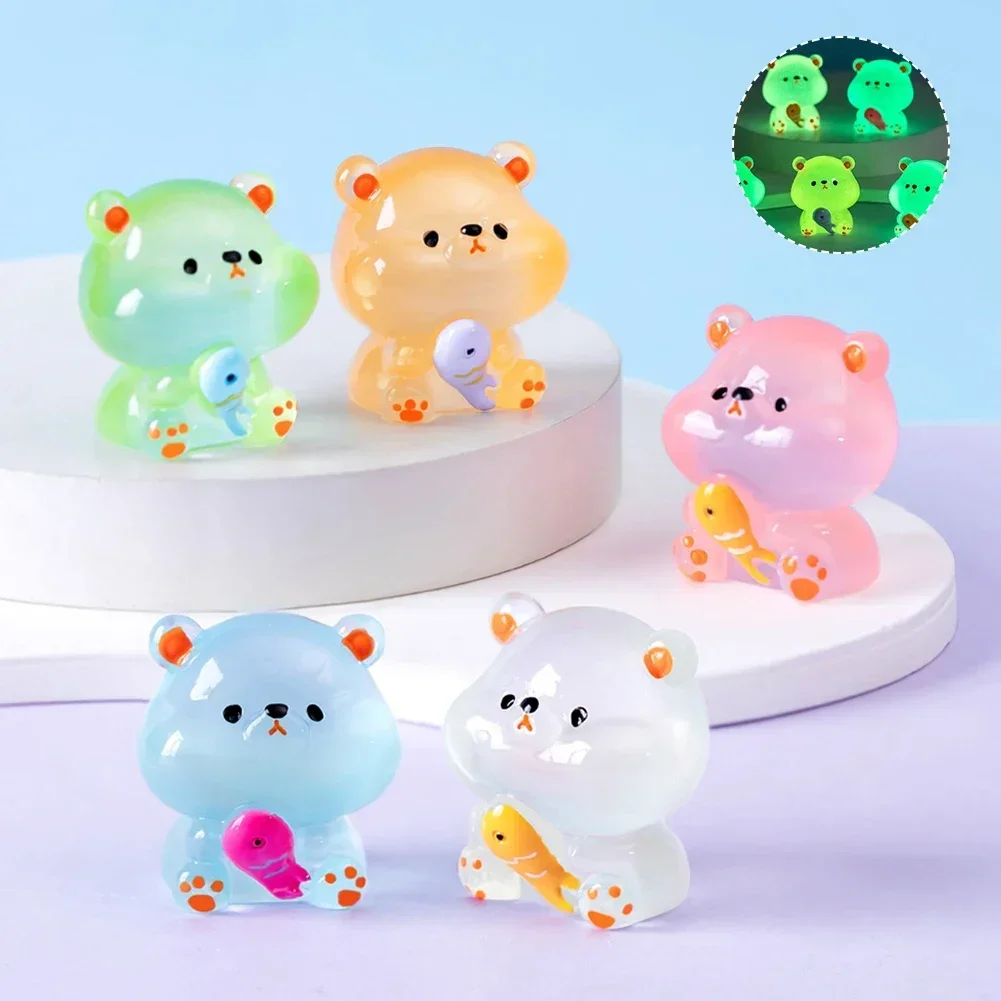 Car Interior Accessories Mini Kawaii Luminous Fish Eating Bear Resin Lovely Animal Doll Decoration Auto Desktop Small Ornament