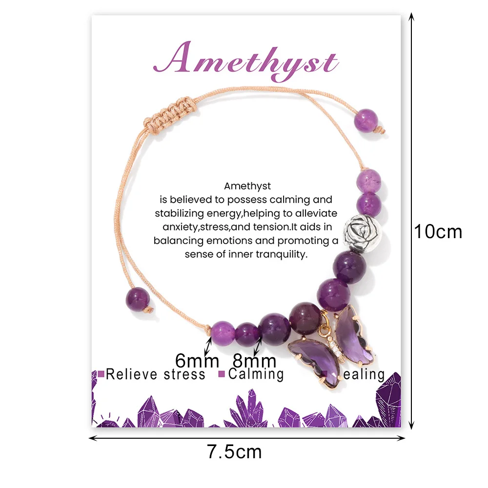 Boho Butterfly Crystal Charm Bracelet Natural Stone Amethysts Prehnite Quartz Beads Braided Bracelets for Women Girls Jewelry