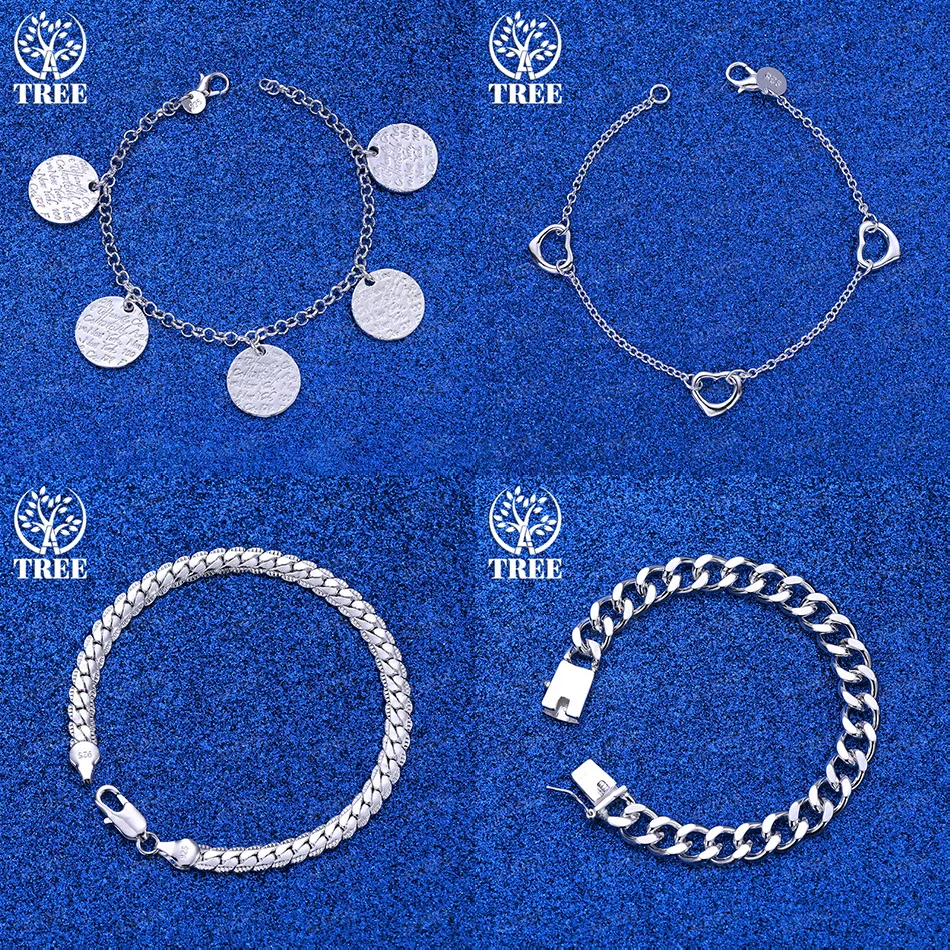 

Fine Christmas Gift 925 Sterling Silver Round Heart Flat Chain Cuban Chain Bracelets Women's Party Fashion Jewelry Accessories