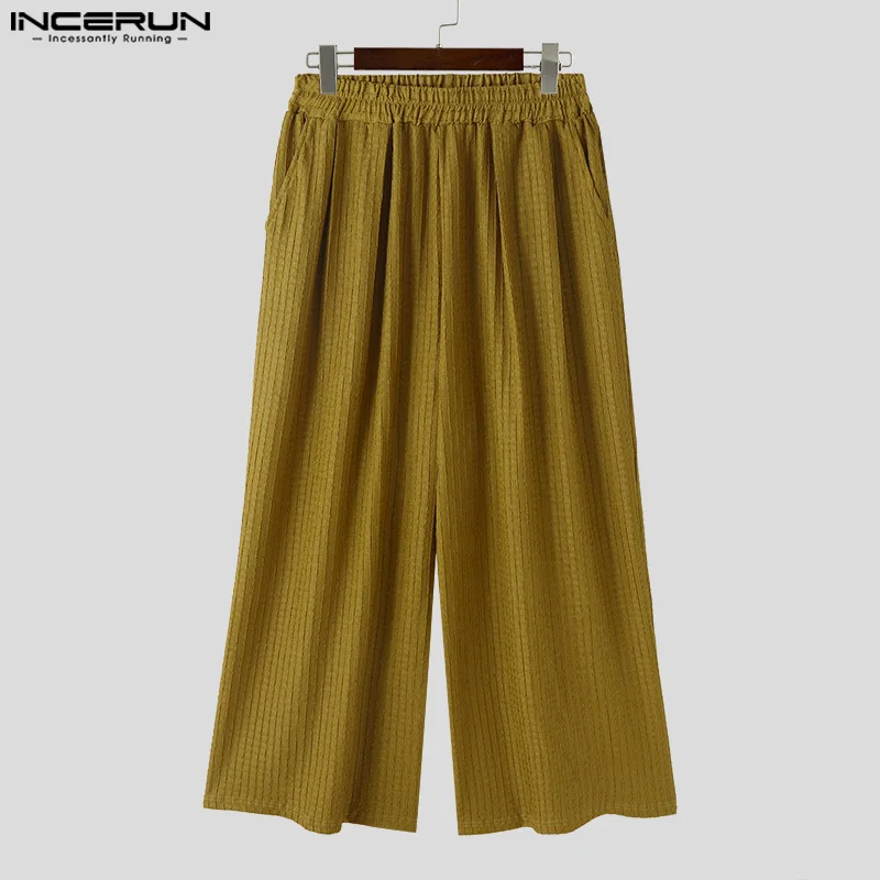 INCERUN 2024 Korean Style Pantalons New Mens Solid Color Texture Trousers Casual Stylish Male Hot Sale Wide Leg Long Pants S-5XL