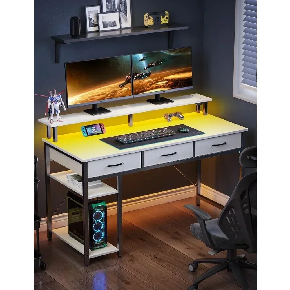 Mesa do Computador com Tomadas Elétricas e Luz LED, 39 ", Mesa Home Office, 3 Gavetas e Prateleiras de Arrumação