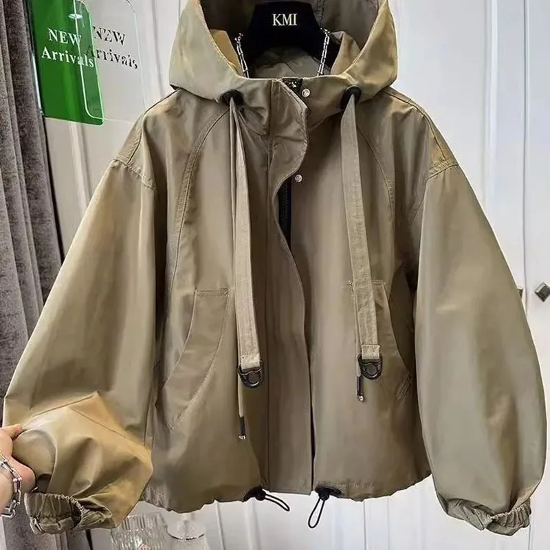 

Корейский женский плащ, весна-осень 202, новый свободный повседневный универсальный ветровка с длинными рукавами и капюшоном, верхняя одежда, женское пальто