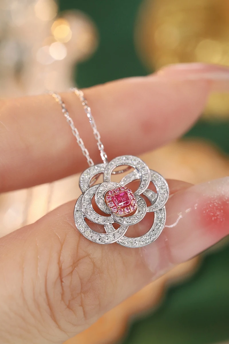 KUGG 100% 18K White Gold Necklace Luxury Rose Shape Real Natural Pink Diamond Pendant Necklace for Women High Wedding Jewelry