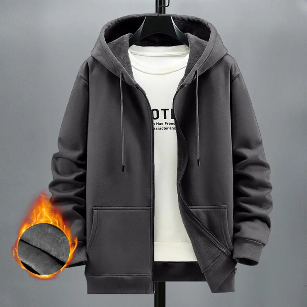 

Men Autumn Winter Fleece Hoodie with Pocket Zipper Placket Solid Color Long Sleeve Cozy Stylish Coat