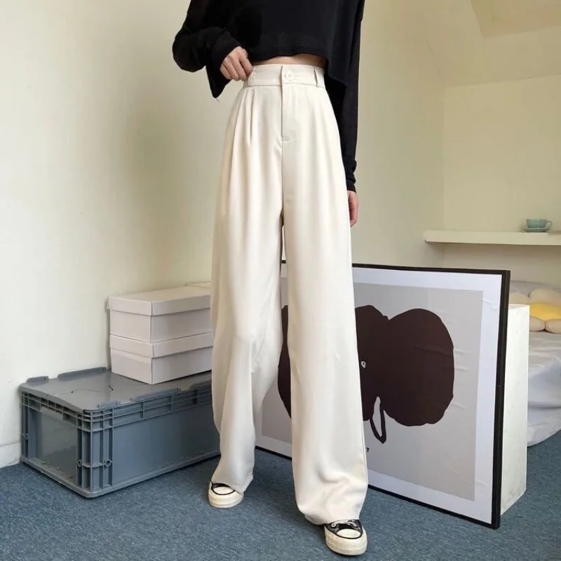 High Waist Pants Women Autumn Baggy Simple Korean Style Feminine Wide Leg Leisure College Solid All-match Stylish Daily Commuter