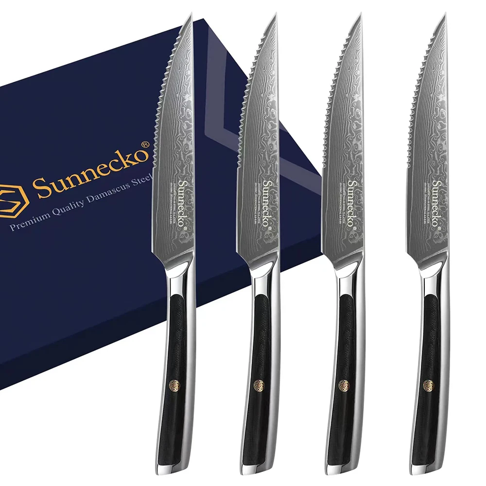 Sunnecko Damascus Steak Knives 4Pcs Set VG10 Core Blade Cut Utility Table Meat Kitchen Knife Slicer Cutlery  Tools G10 Handle