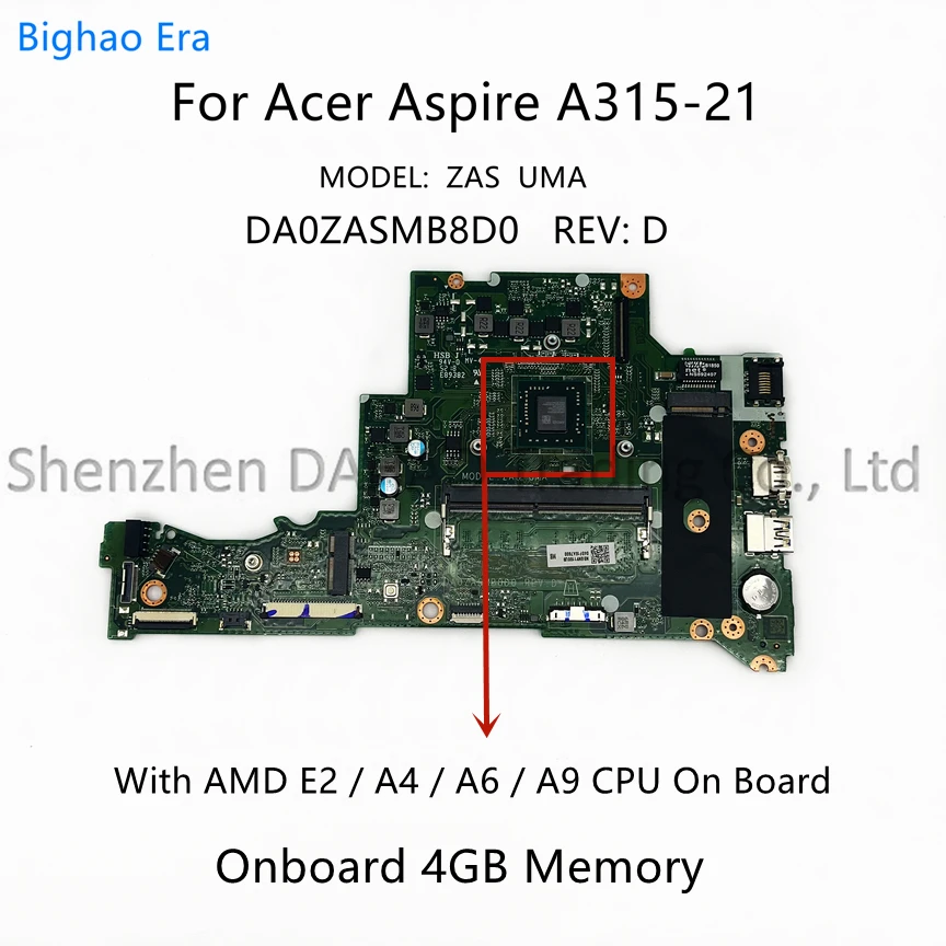 For Acer Aspire A315-21 Laptop Motherboard DA0ZASMB8D0 With E2-9000 A6-9220 A9-9420 CPU 4GB-RAM NBGNV1100Y NBGNV1100U NBGNV1100W