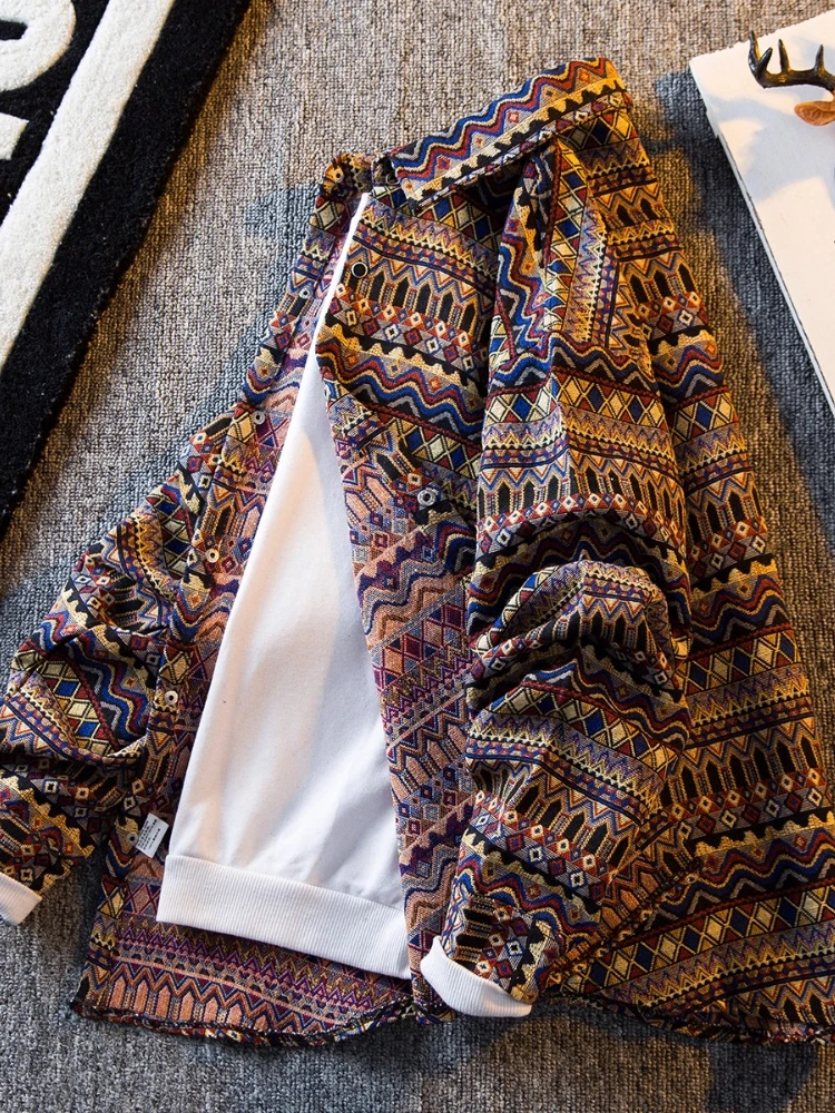

Vintage Ethnic Retro Shirt Coat Men's Spring Autumn Streetwear Long Sleeve Jacket Edgy Casual Lightweight Hippie Shirt Outerwear