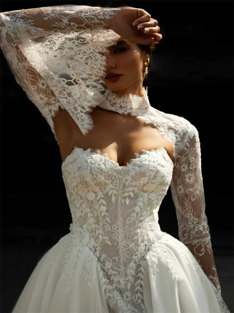 Customized Satin A-Line Wedding Dress with Shawl Sleeves And Sweep Train Floor Length Back Zipper Sweetheart Neckline for Bride - Image 2