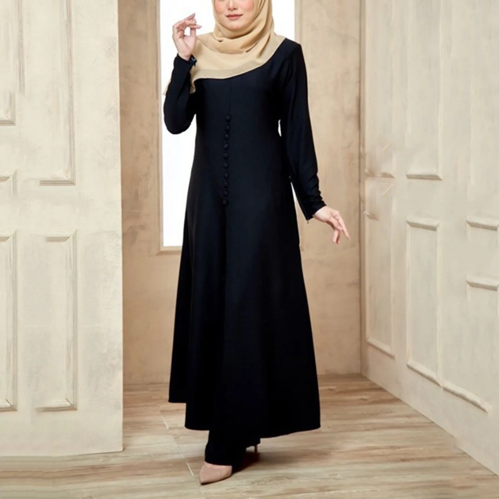 

Women Muslim Sets Casual Two Piece Muslim Sets Long Sleeve Solid Color Outfits Wide Leg Pants Muslim Dress For Women 2024