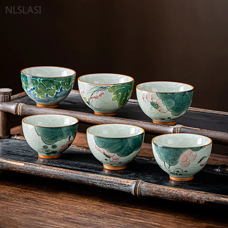 50ml Ge Kiln Ice Crack Glaze Hand-painted Lotus Teacup Ceramic Tea Set Underglaze Color Master Cup Portable Beauty Tea Cup