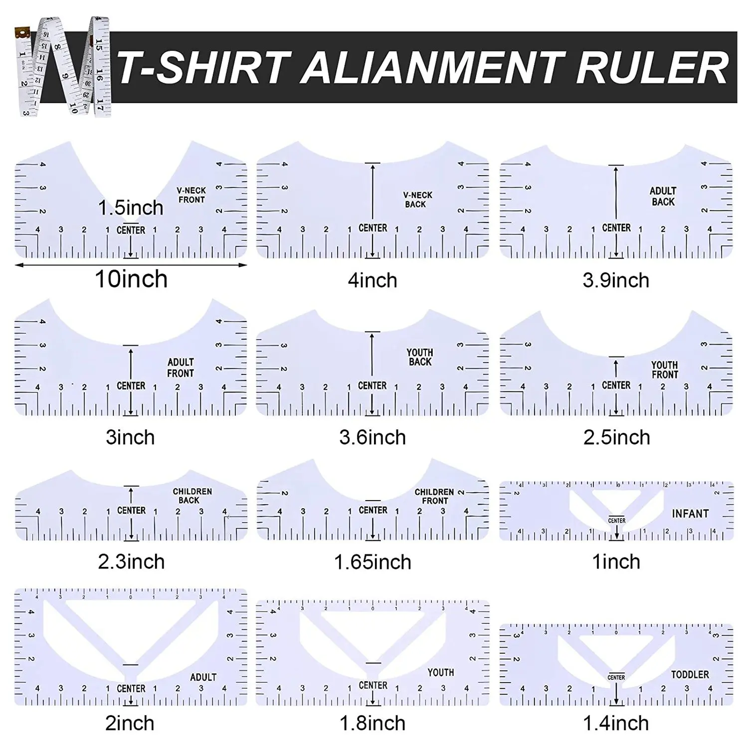 Ensemble de règles pour t-shirt, outil d'impression, bricolage, presse à chaud, conception de centre, guide, 13 pièces