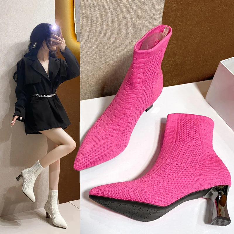 

Women High Heels Short Boots 2026 Hot Sale Winter Designer Square Toe Mesh Breathable Stretch Sock Boots Slip on Platform Shoes