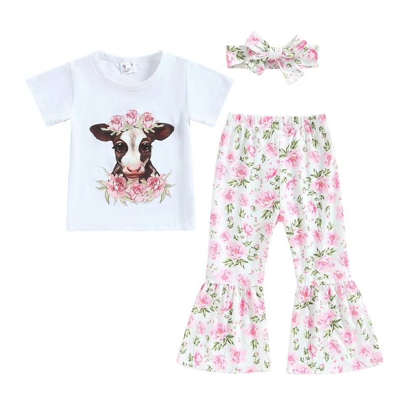 Toddler Girls 3Pcs Spring Outfits Short Sleeve Cow Floral Print Tops Flare Pants Headband Set