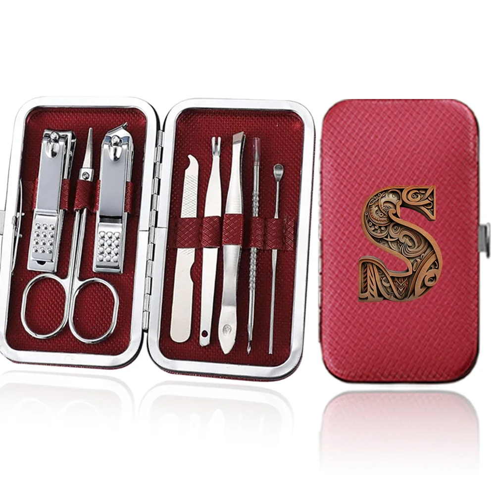 8Pcs Manicure Set Portable Stainless Steel Pedicure Nail Clippers Tools Case Pocket Grooming Travel Kit Wood Art Letter Pattern