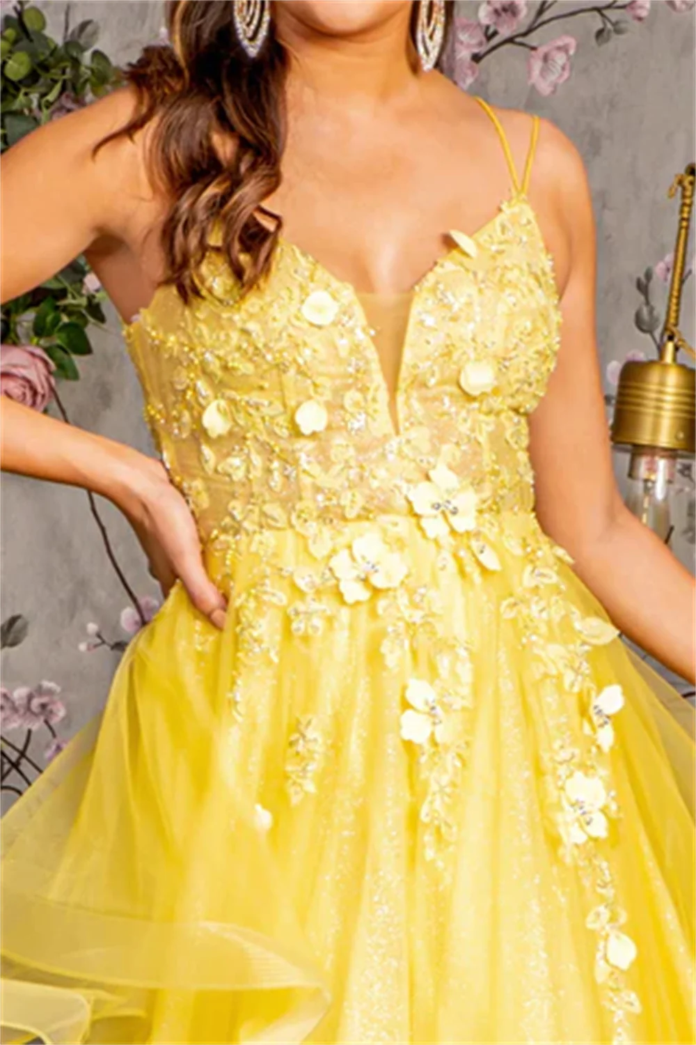 Annie-Robe de Mariée Jaune Élégante, Broderie en Dentelle, Appliques 3D, Robes de Bal, Corset en Tulle Pailmétrage, Robes sur Mesure pour Occasions