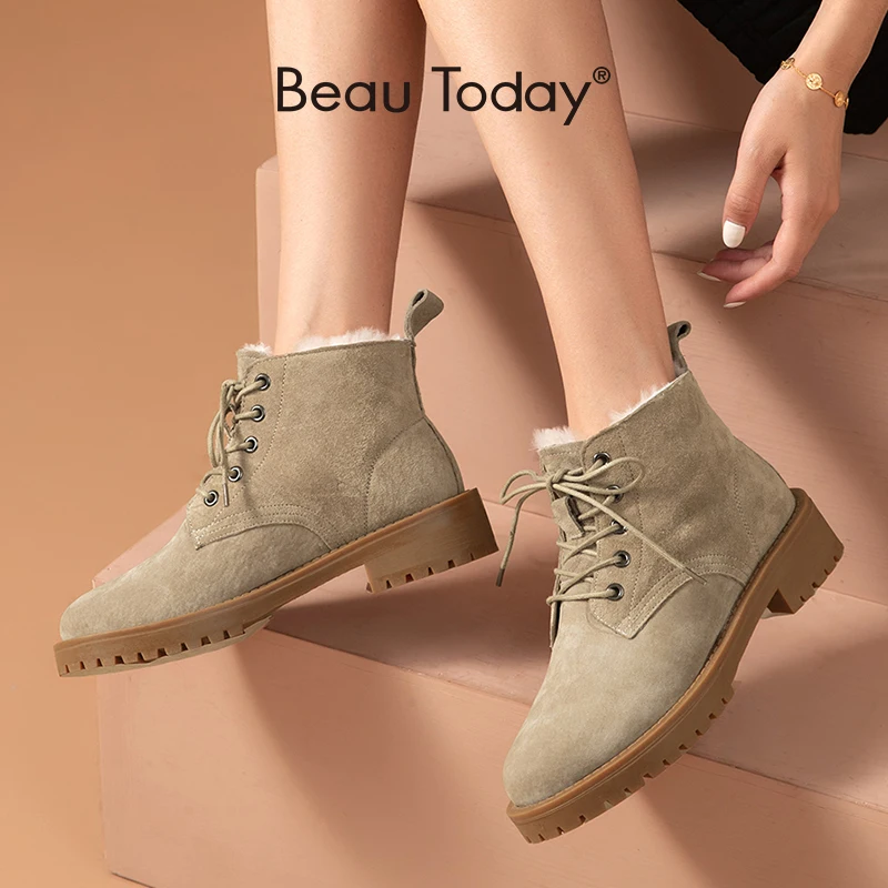 princess polly baby blue dress BeauToday Wool Snow Boots Women Genuine Leather Round Toe Lace-Up Platform  Winter Ladies Ankle Length Shoes Handmade 03281