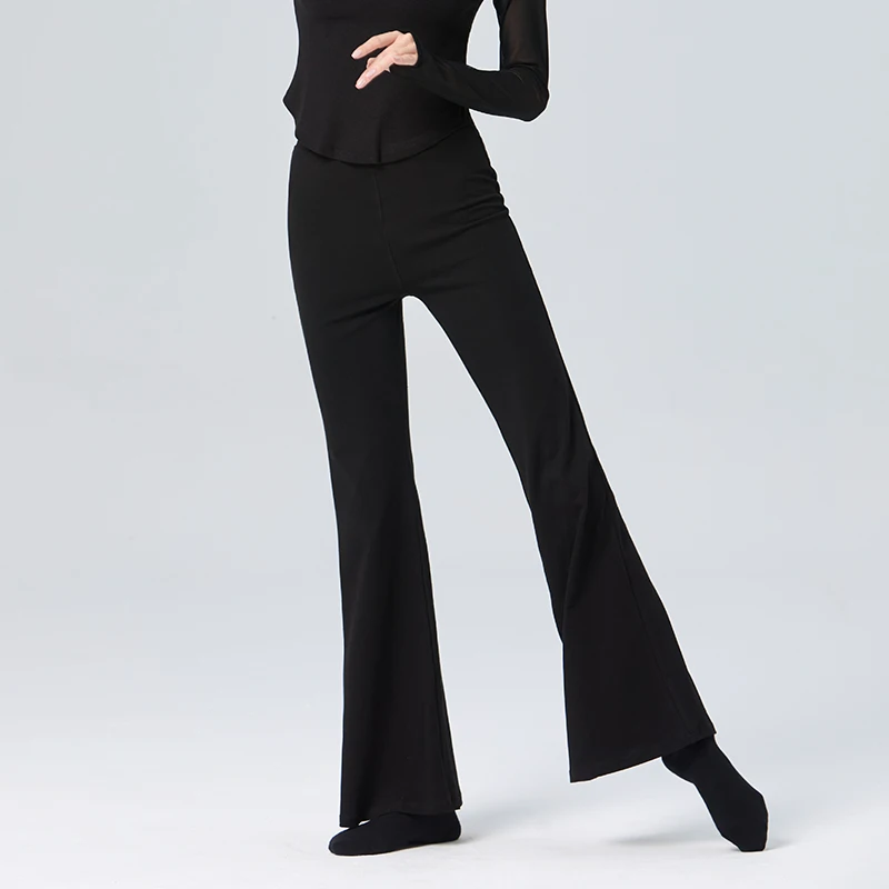 Pantalones de baile de Ballet para mujeres y niñas, pantalones largos acampanados de Modal, pantalones acampanados de gimnasia negros de cintura alta para Fitness, pantalones acampanados