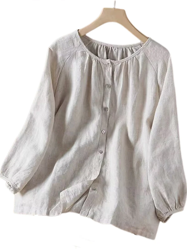 เสื้อผ้าผู้หญิงสไตล์ญี่ปุ่นย้อนยุค ผ้าลินินผสมฝ้าย แขน 3/4 ทรงหลวม คอกลม ทรงเข้ารูปเล็กน้อย เหมาะสำหรับฤดูร้อน