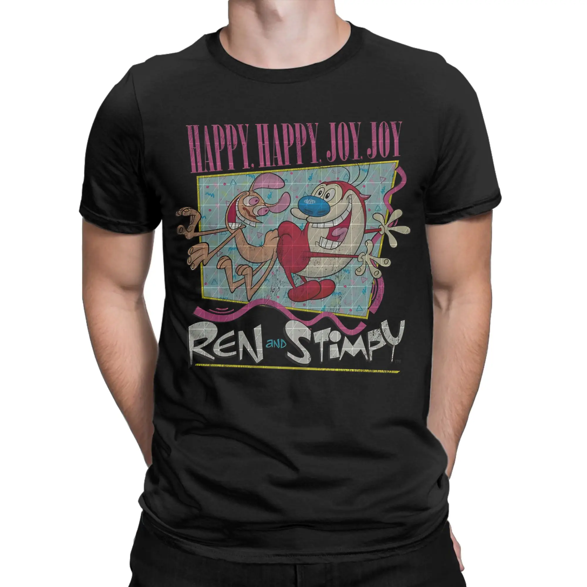 Happy Happy Joy Joy Retro Funny Graphic 100% Cotton T-Shirt R-Ren & Stimpy Tees Tops For Men