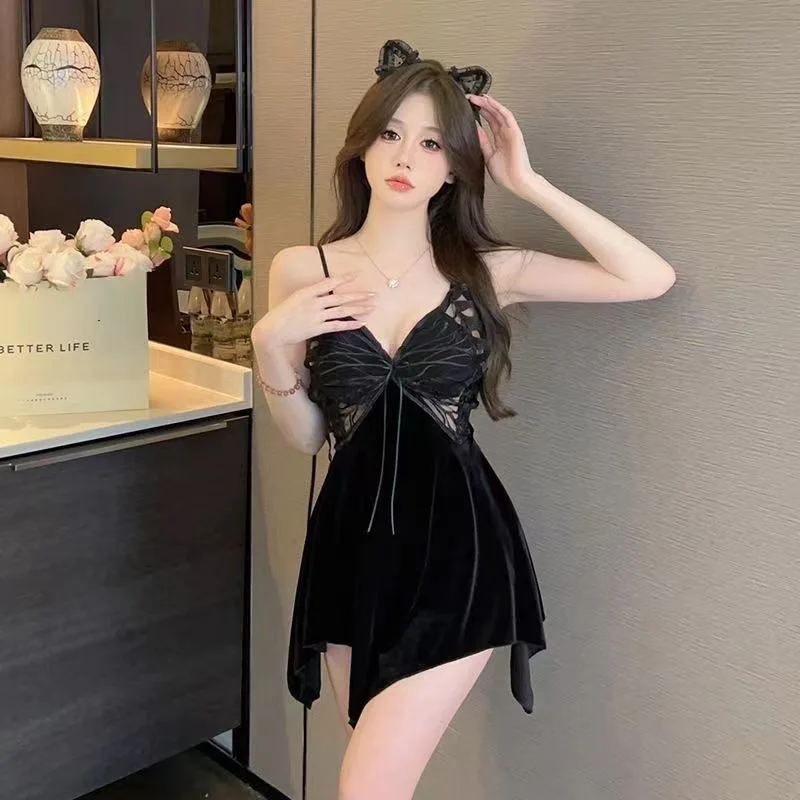 Women Butterfly Pleuche Nightwear Ruffles Nightgown Tempatation Girl Spagetti Strap  Summer Style Sleepwear Night Dress