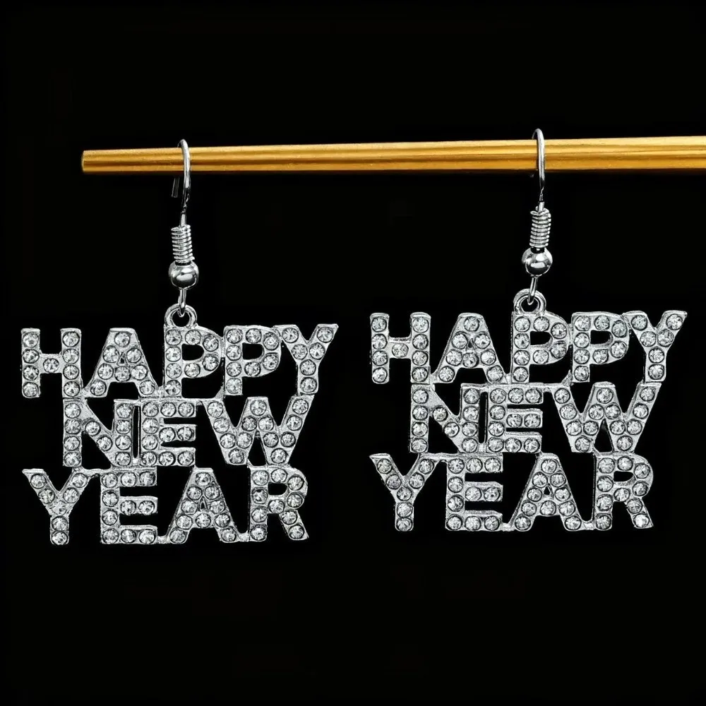 Elegant Happy New Year Earrings Sparkling Rhinestone Decor Happy New Year Letter Letter Earrings Long Drop Metal Alloy