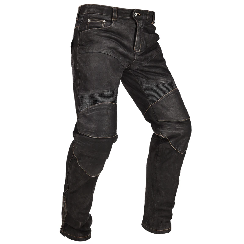 Black Motorcycle Style Genuine Leather Trousers Men Plus Size 4XL Natural GoatSkin Can Added Protection Device