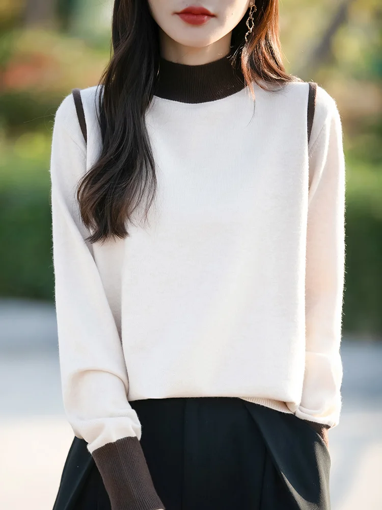 Autumn Winter Women Fine Wool Sweater Mock Collar Color Blocking Splicing Pullover Knitwear Thickening Clothing Bottoming Tops
