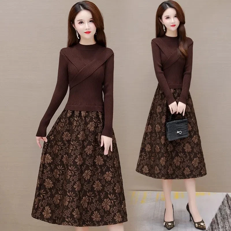 Elegant Women's Dresses New Splice False Two Piece Knitted Sweater Pullover Dress Slim Female Mid Length Sweater Dress Vestidos