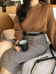 Autumn Winter Knitting Skirt High Waist Long Pencil Skirt Women Knitted Casual Vintage Maxi Skirt Vintage Warm Thick Midi Plaid