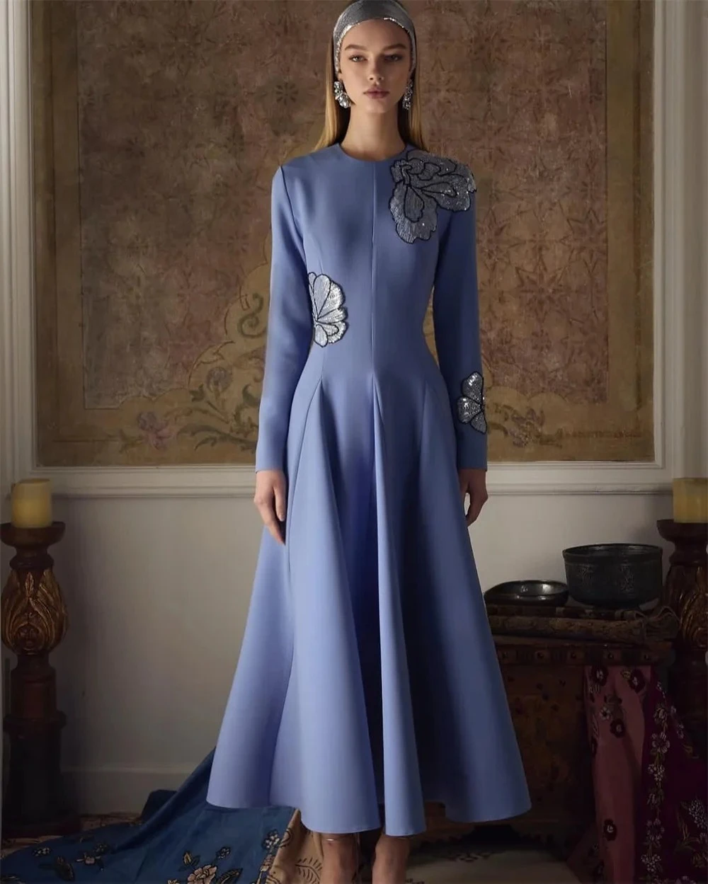 أزياء مساء اللباس مخصص جيرسي زهرة مطرزة ألف خط الحفلة الراقصة س الرقبة طويلة الأكمام الكاحل طول حزب فساتين #2