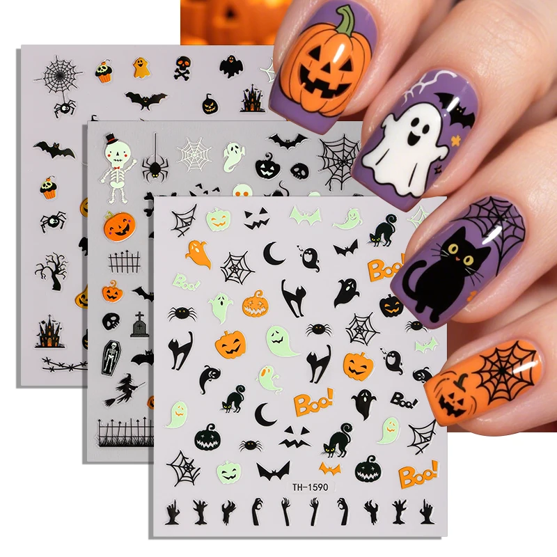 

3pcs Luminous Halloween Nail Art Stickers Cartoon Ghost Pumpkin Black Cat Nail Decals for Festival Nail Decoration Manicure