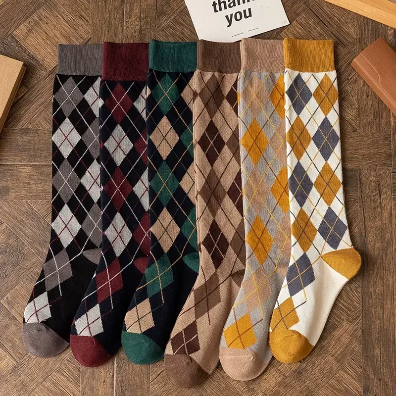 

Women's College Style Knitted Cotton Knee Socks Japanese Fashion Plaid Long Stockings Stylish Comfortable Essential
